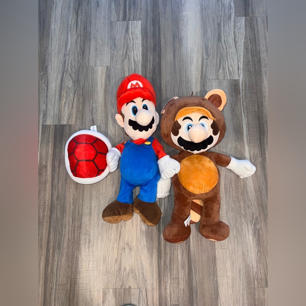 Large Nintendo Mario and Tanooki Plush Set - Red, Blue, Brown